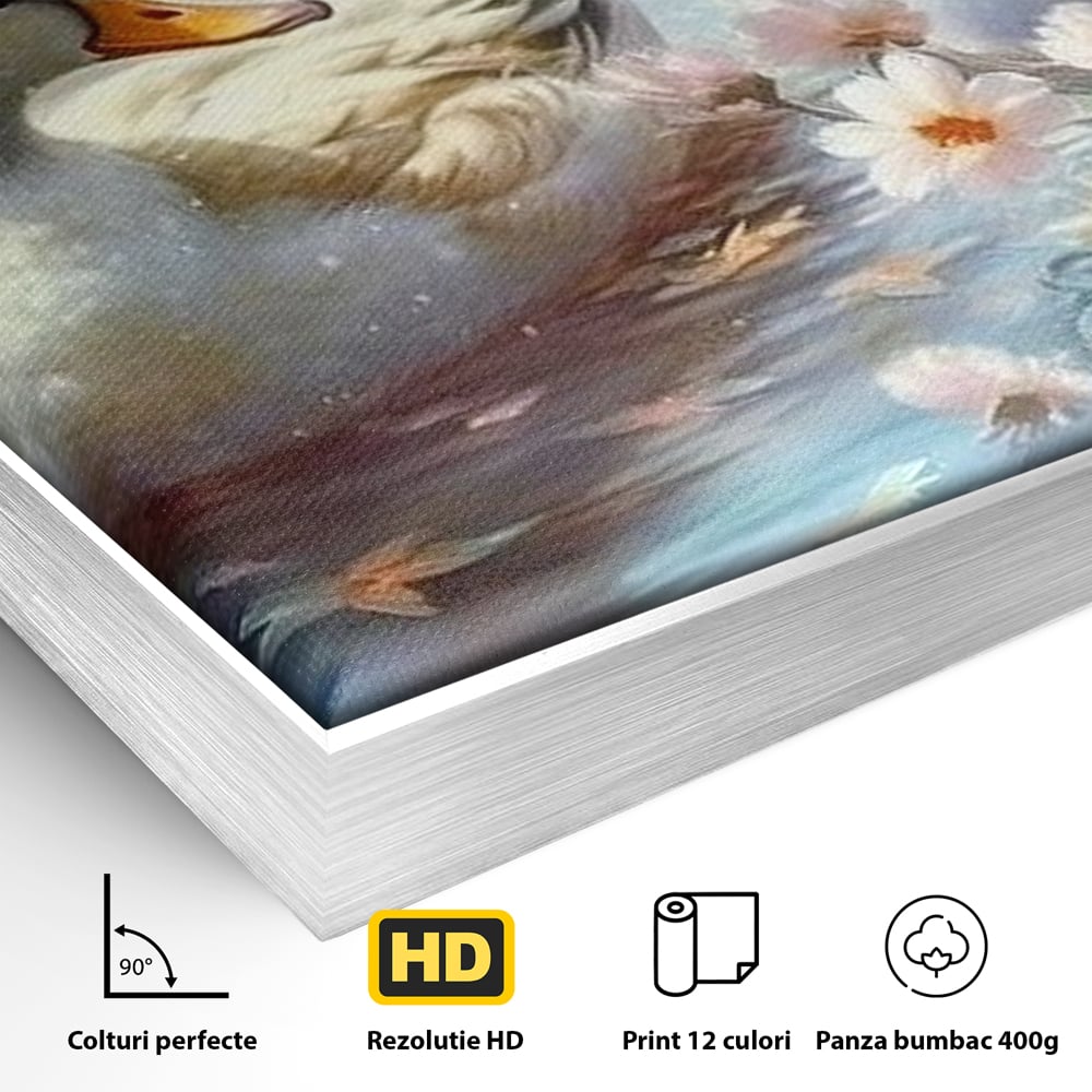 Detaliu al suprafetei: tablou canvas cu rate pe lac, in rama de aluminiu argintiu